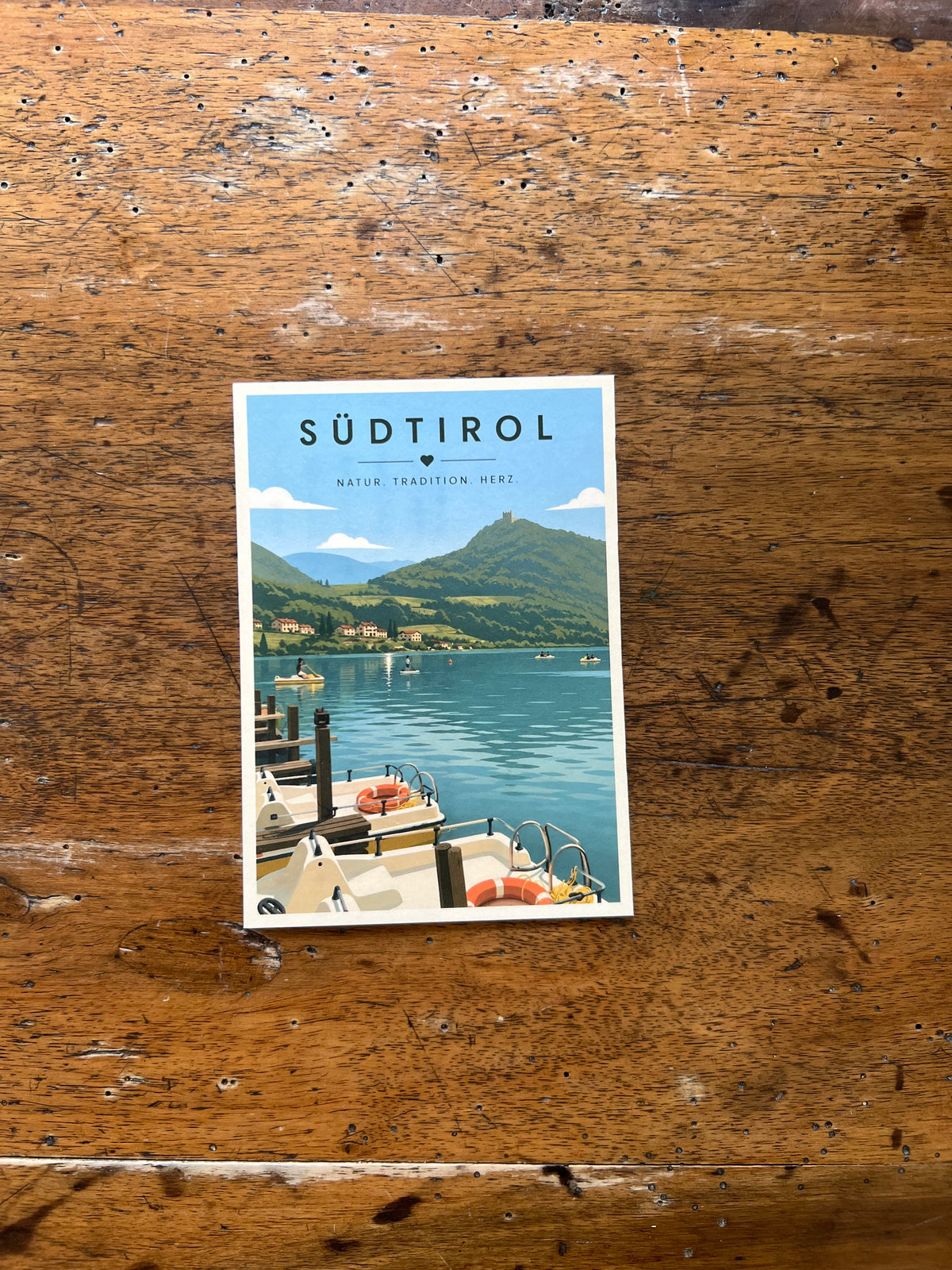 Südtirol Postkarte „Kalterersee mit Leuchtenburg“