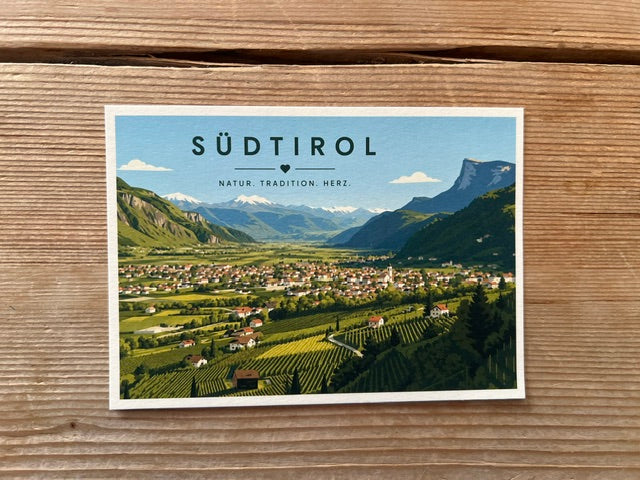 Südtirol Postkarte „Etschtal“ – Panorama mit Weinbergen | Minimalistische Illustrationh HH | Premium Souvenir & Grußkarte
