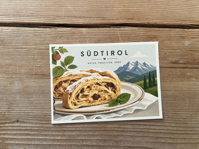 Südtirol Postkarte mit Rezept „Apfelstrudel“ – Südtirol | Minimalistische Illustration | Kulinarisches Souvenir & Grußkarte
