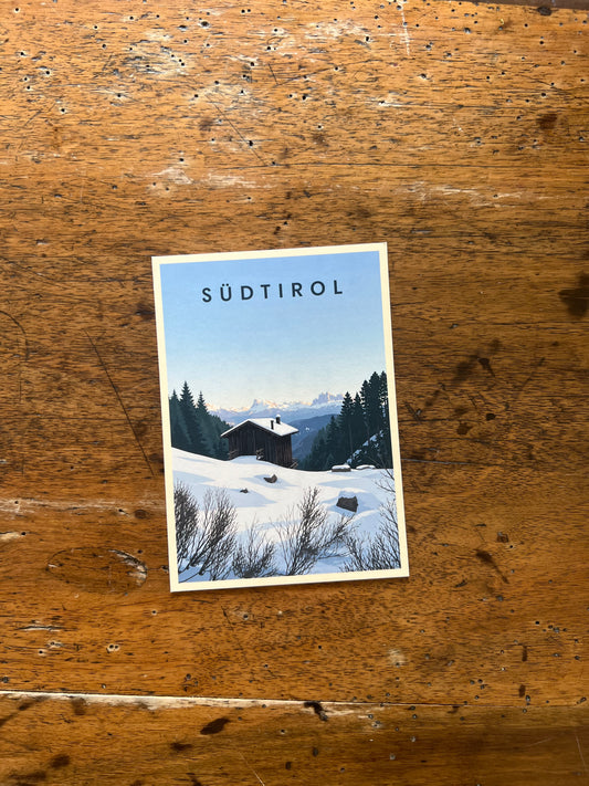 Südtirol Postkarte „Almhütte auf der Villanderer Alm mit Blick in die Dolomiten“