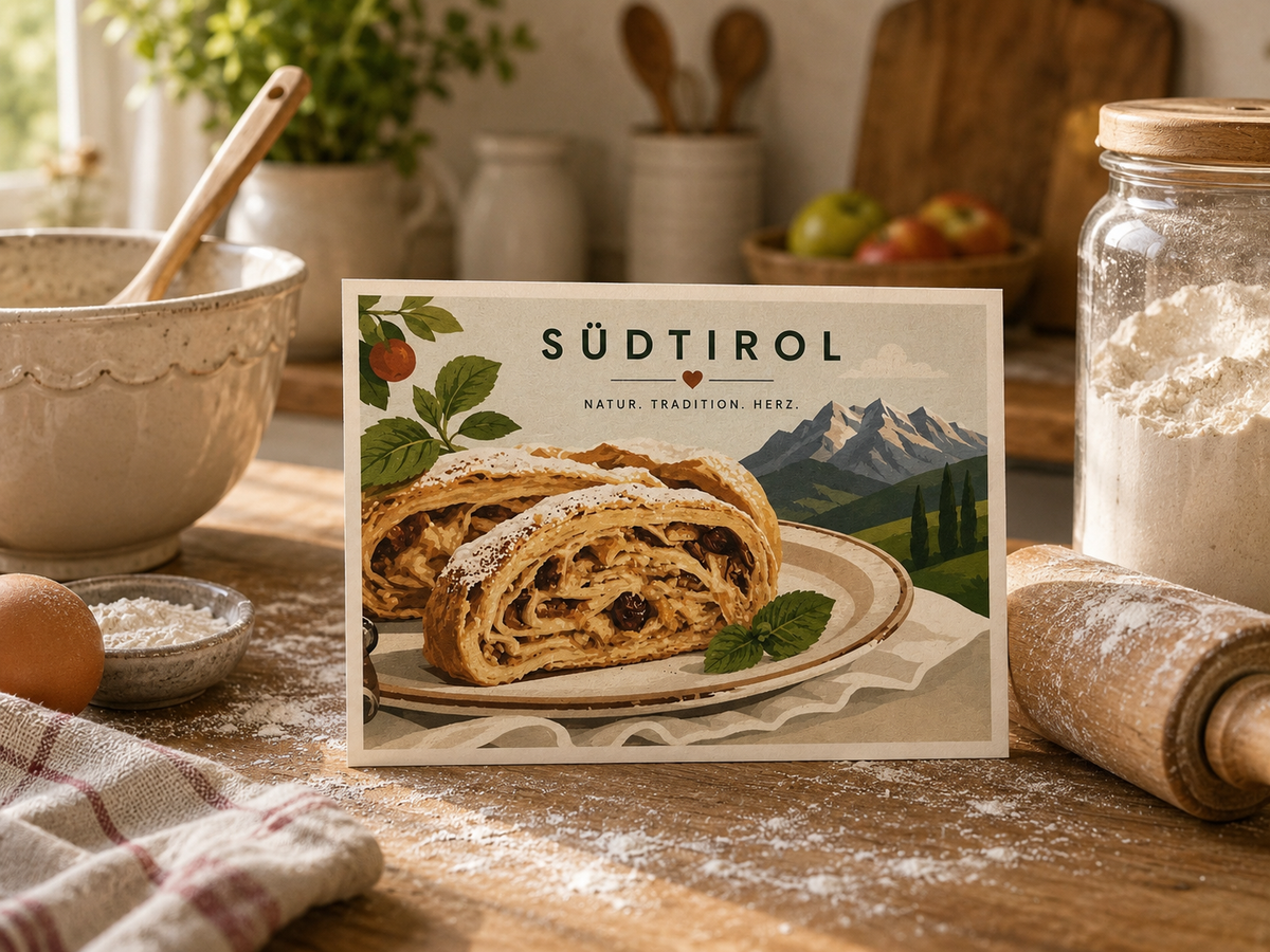 Südtirol Postkarten-Set Südtiroler Spezialitäten – 4 Rezept-Postkarten | Apfelstrudel, Speck, Knödel & Kaiserschmarrn